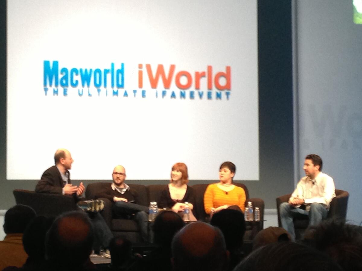 Macworld panel from left to right: moderator Dan Moren and panelists Ryan Block, Christina Bonnington, Jacqui Cheng and John Gruber.