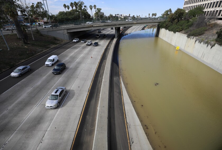 Interstate 5 flooded in downtown San Diego.