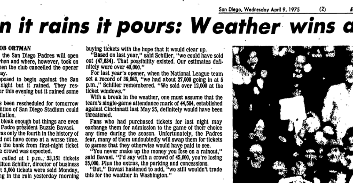 By transferring first pitch, Padres hope to keep away from repeat of ’75 rainout By transferring first pitch, Padres hope to keep away from repeat of ’75 rainout
