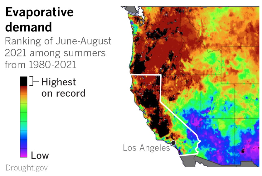 The map of the western US shows much of the region with one of the highest evaporation demand in summer