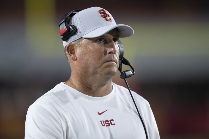 FILE - In this Sept. 31, 2019, file photo, Southern California head coach Clay Helton.