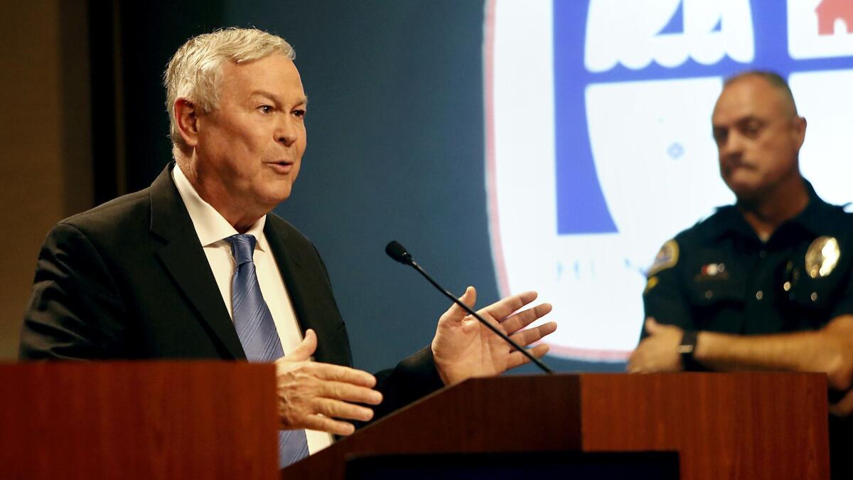 U.S. Rep. Dana Rohrabacher (R-Costa Mesa) speaks in support of the Huntington Beach City Council filing a lawsuit against California over its "sanctuary" immigration laws during public comments Monday night.