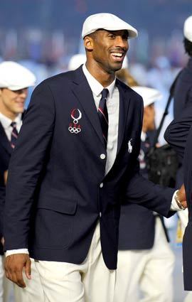 Kobe Bryant of the L.A. Lakers, who's on the U.S. national basketball team, takes in the crowd during the opening ceremony for the 2008 Beijing Summer Olympics. The American team wore Ralph Lauren blazers and pants, along with jaunty newsboy caps.