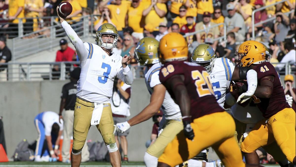 UCLA quarterback Wilton Speight throws a pass against Arizona State during the first half on Saturday.