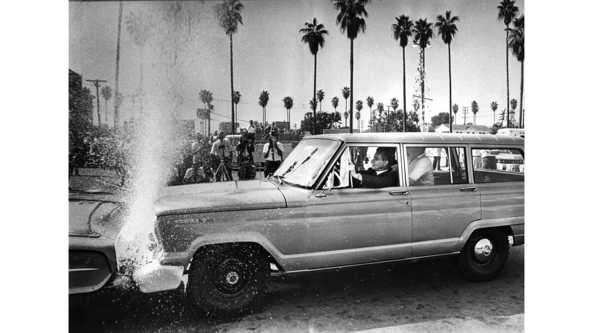 Sept. 12, 1967: A soft-cushion bumper, filled with water, absorbs the impact of a car traveling at 20 mph.