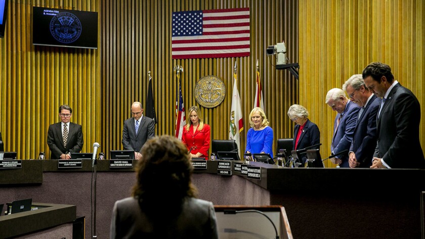 The San Diego County Board of Supervisors, at a swearing-in ceremony at the County Administration Center in January. They instructed staff to investigate ways to streamline discretionary permitting.