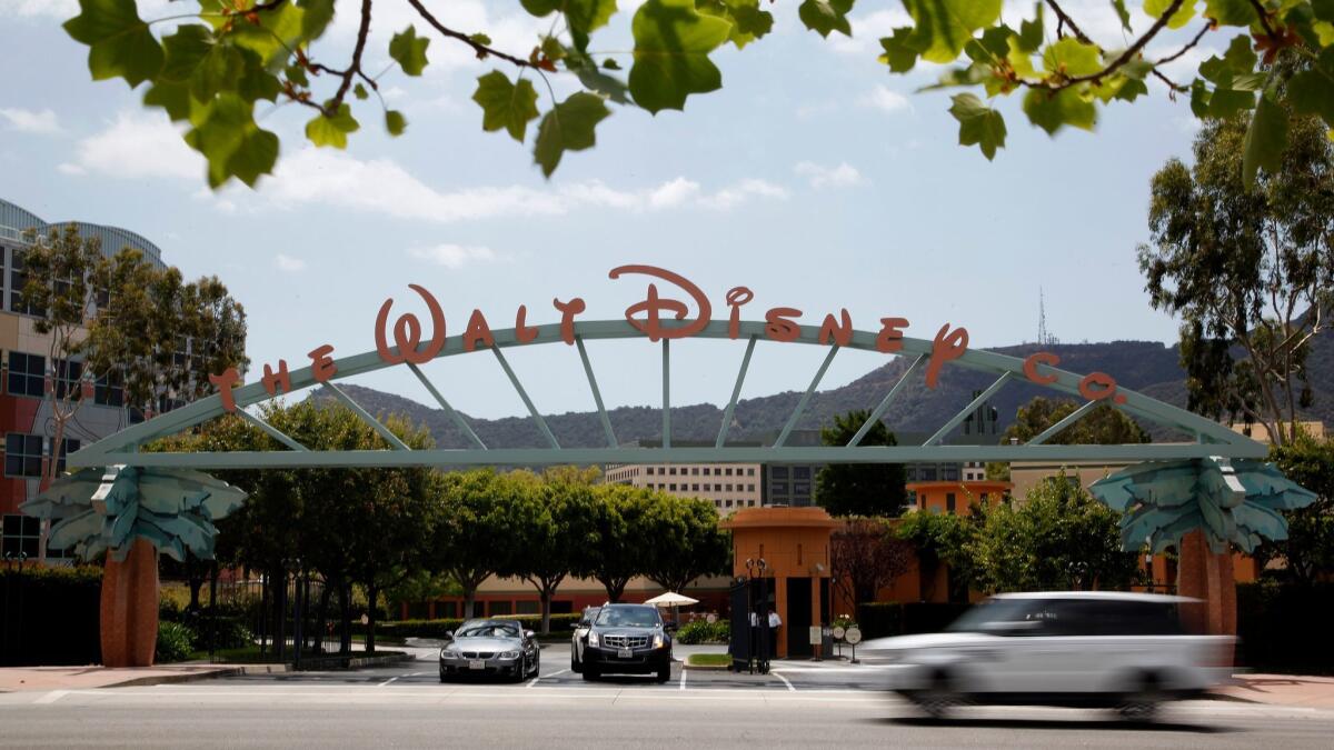 The main gate of Walt Disney Co.'s headquarters is seen in Burbank.