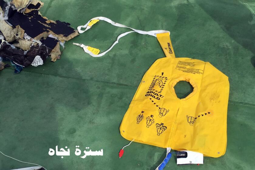 A handout picture made available by the Egyptian Defense Ministry shows a life jacket from EgyptAir Flight 804.