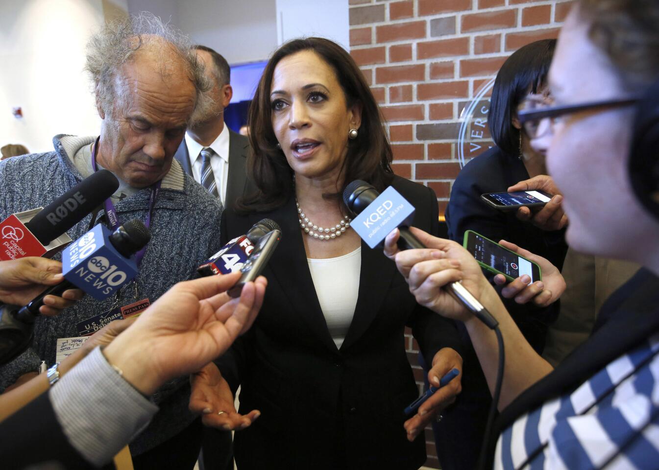 California Atty. Gen. Kamala Harris talks with reporters after a U.S. Senate debate at the University of the Pacific in Stockton on April 25.