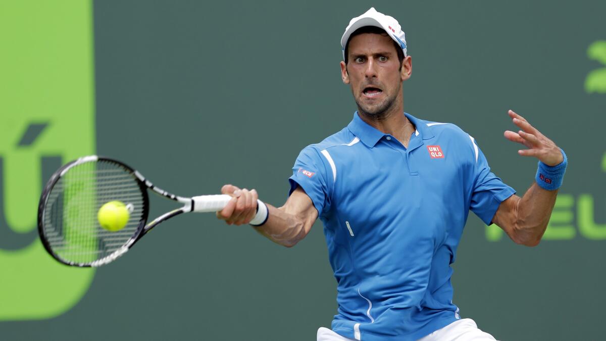 Novak Djokovic returns a shot against David Goffin in a semifinal match at the Miami Open on Friday.