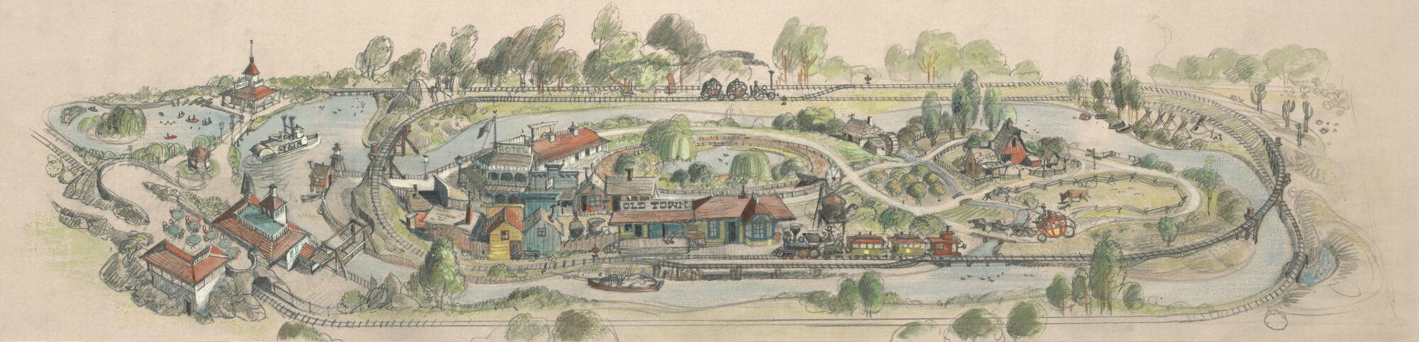 A small and elegant theme park with a western city and a railroad.