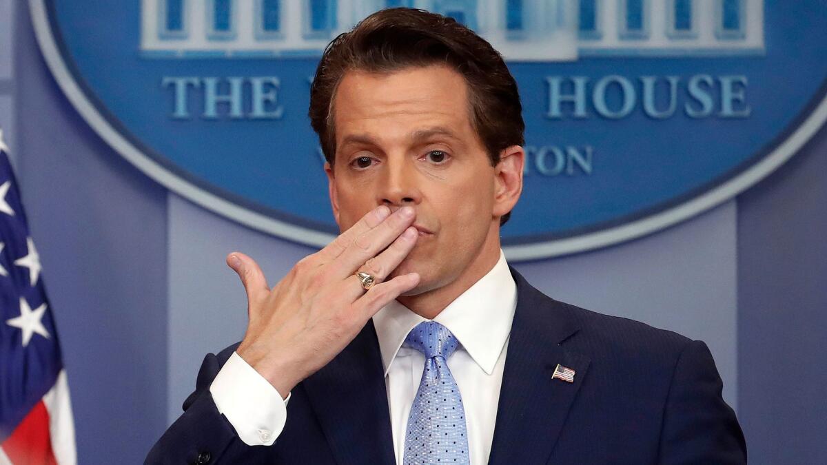 Now-deposed White House communications director Anthony Scaramucci blows a kiss after answering questions during the press briefing in Washington on July 21.