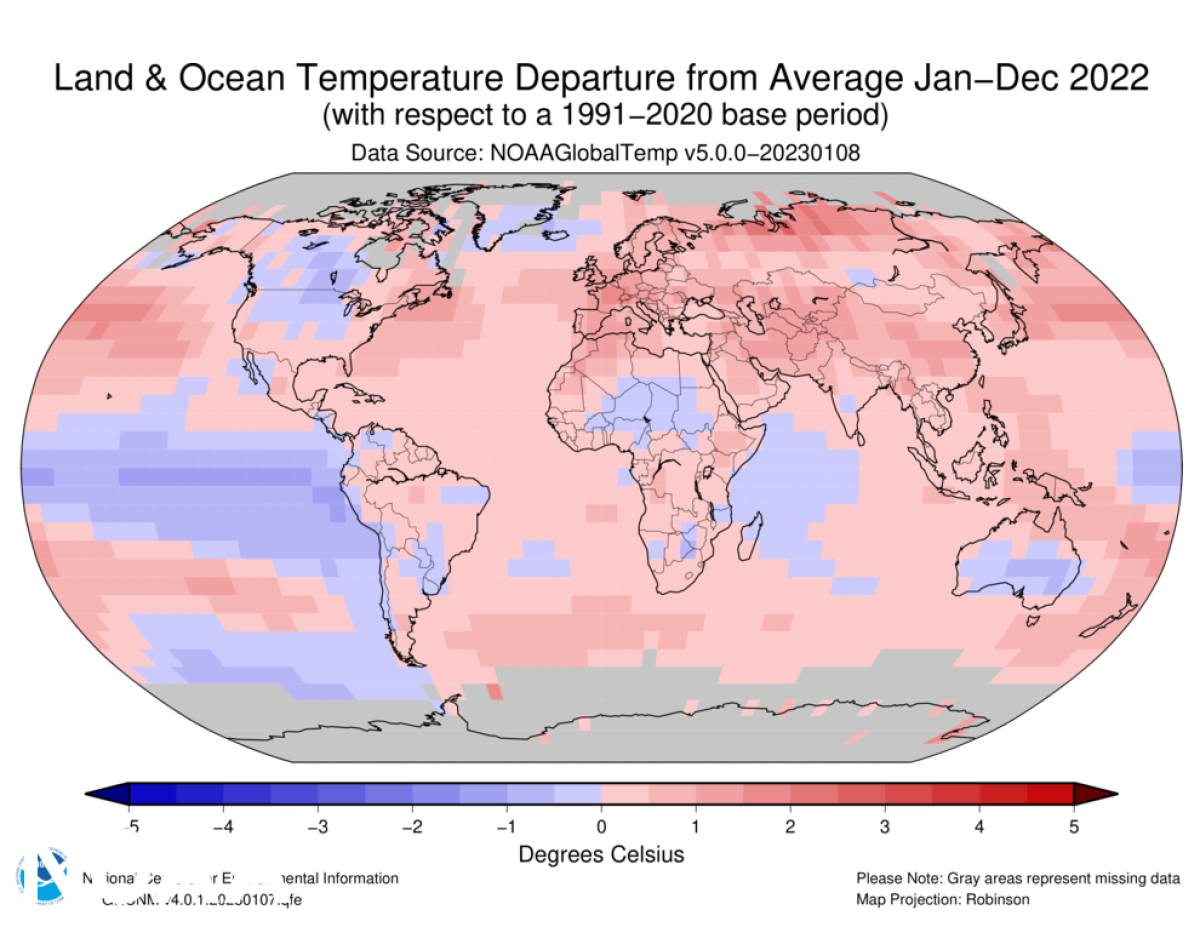 A map of Earth's global average surface temperature in 2022 compared to the 1991-2020 average.