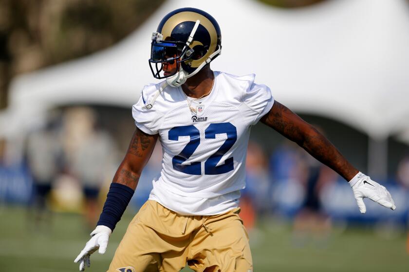 Rams cornerback Trumaine Johnson goes through a drill during the first day of training camp at UC Irvine.