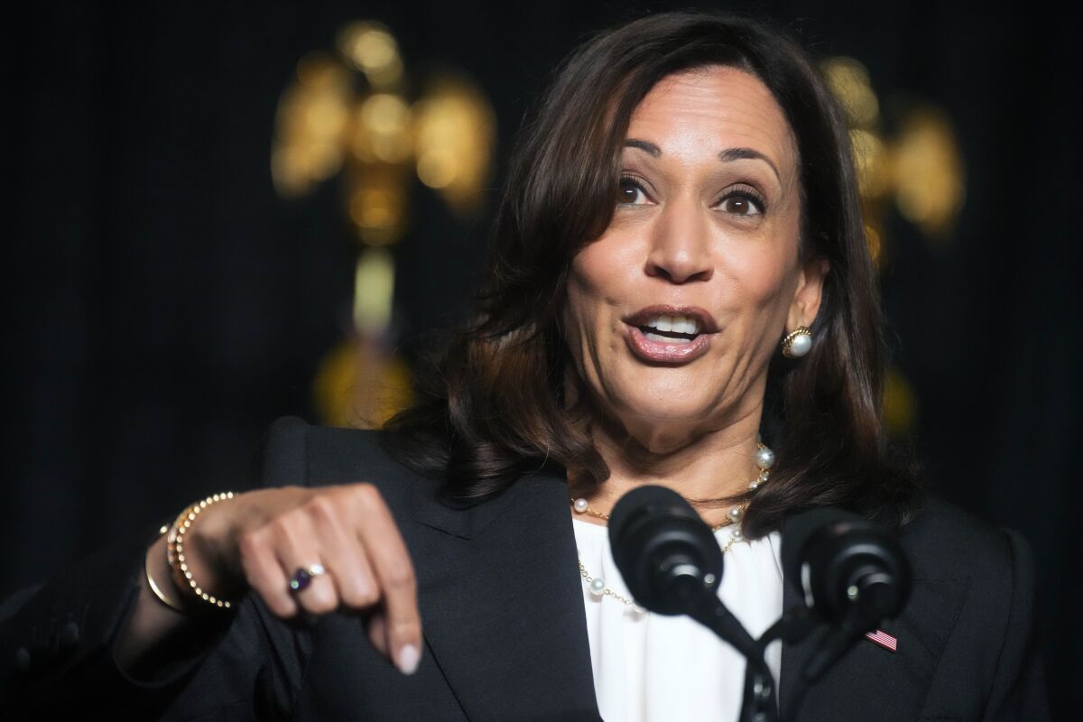 Vice President Kamala Harris speaks at a fundraising dinner for South Carolina Democrats on Friday, June 10, 2022, in Columbia, S.C. It's Harris' first visit to a state party event since taking office. (AP Photo/Meg Kinnard)