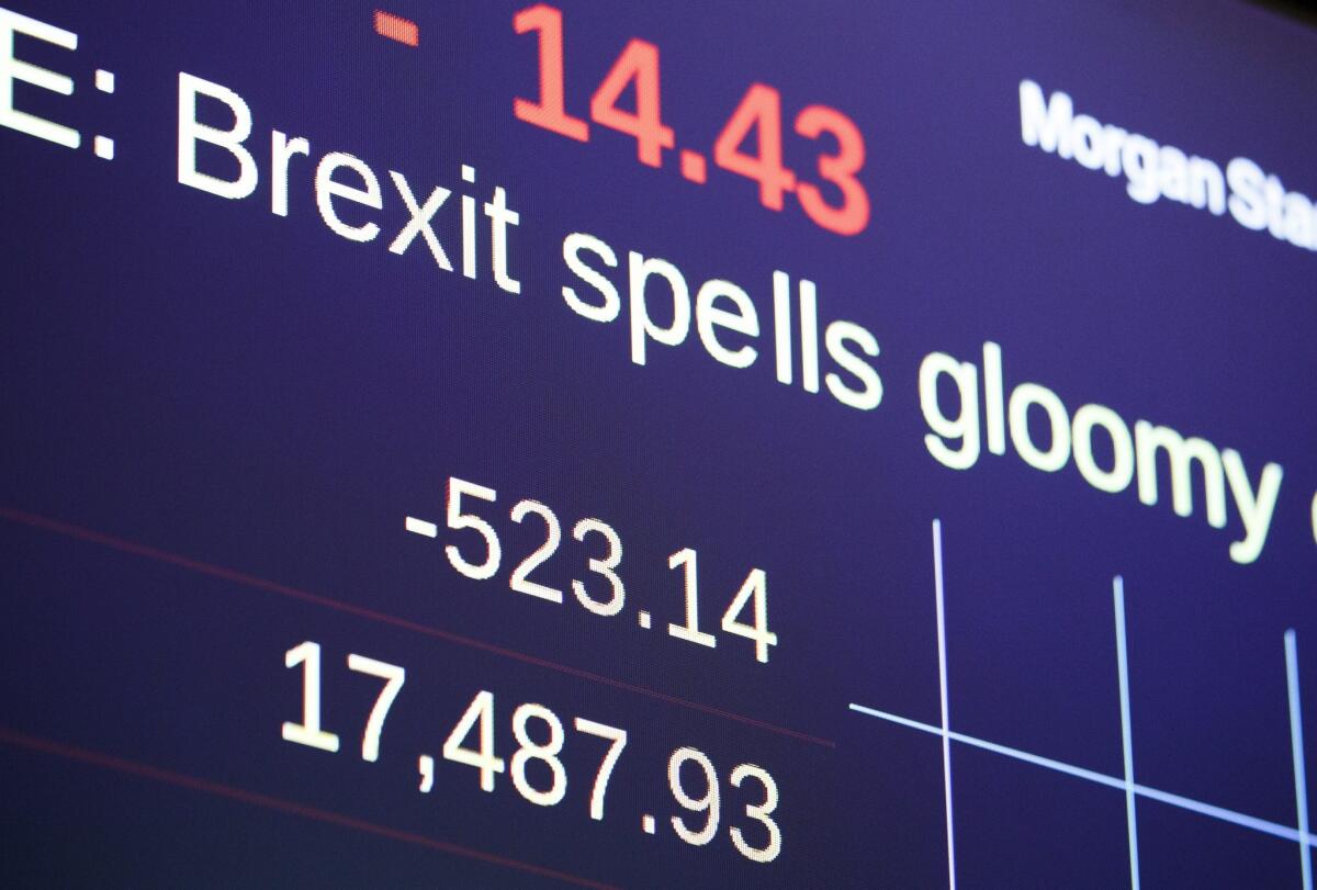 The floor of the New York Stock Exchange forecasts gloomy news on Friday as financial markets react to a referendum passed in the United Kingdom to leave the European Union.