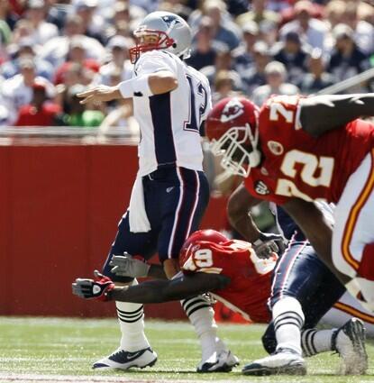 This hit delivered to New England quarterback Tom Brady's left leg by Kansas City Chiefs safety Bernard Pollard has sidelined the reigning NFL MVP for the season. He will have season-ending knee surgery to reportedly repair a torn anterior cruciate ligament.