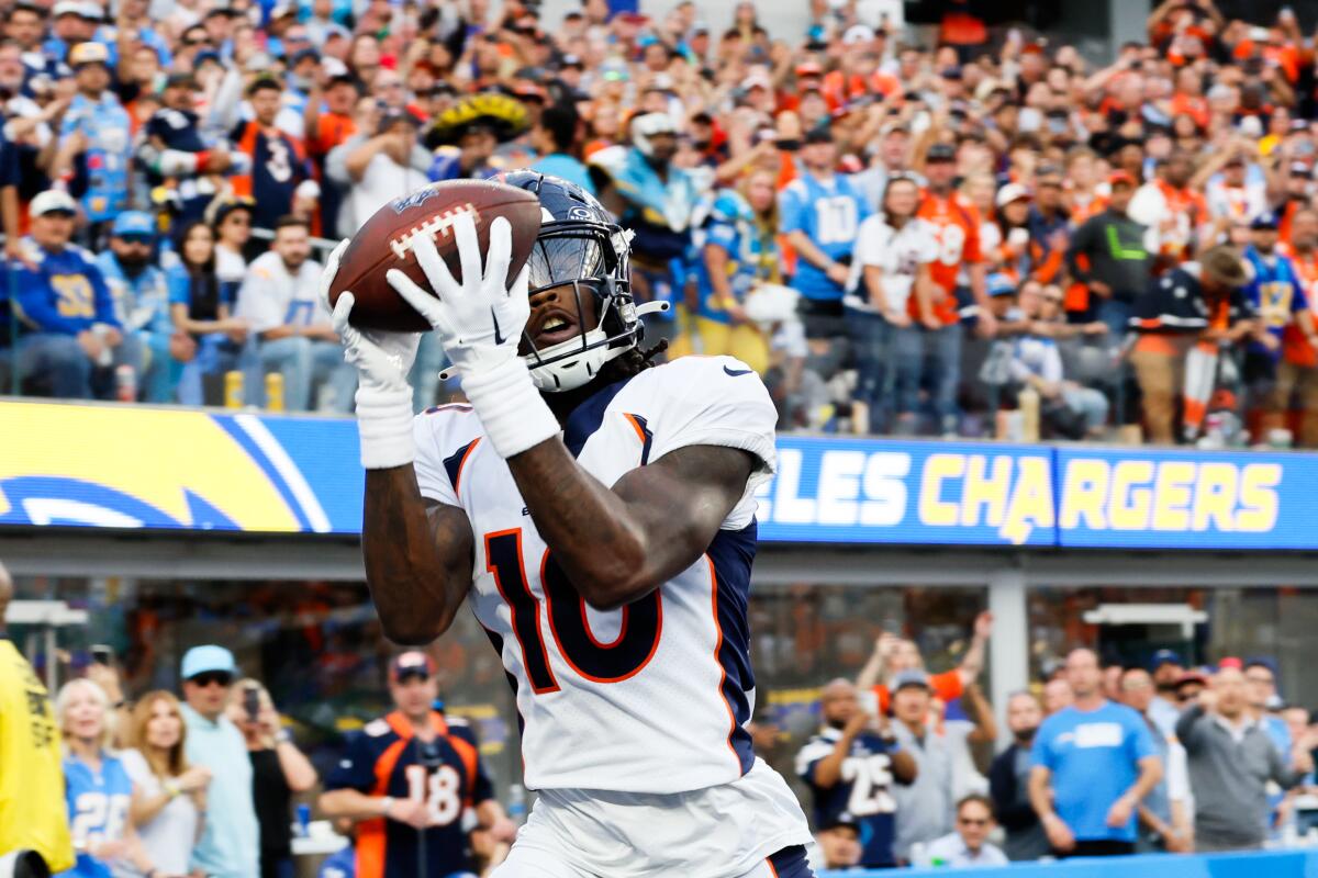 Denver Broncos wide receiver Jerry Jeudy is unable to stay in bounds on a potential touchdown catch in the first half.