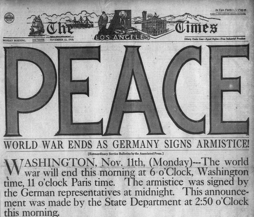 A detail from The Times' front page on Nov. 11, 1918. The headlines says "Peace."