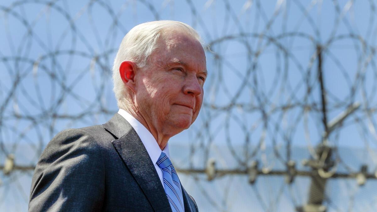 Atty. Gen. Jeff Sessions at a news conference near the U.S.-Mexico border in San Diego on April 21, 2017.