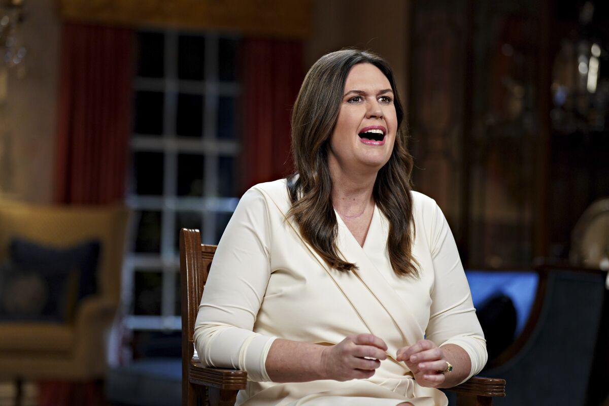 Arkansas' Republican Gov. Sarah Huckabee Sanders speaks.