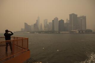 New York City is seen in a haze-filled sky, photographed from Staten Island Ferry, Wednesday, June 7, 2023, in New York. (AP Photo/Yuki Iwamura)