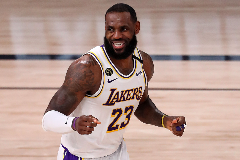 Lakers star LeBron James smiles during a game.