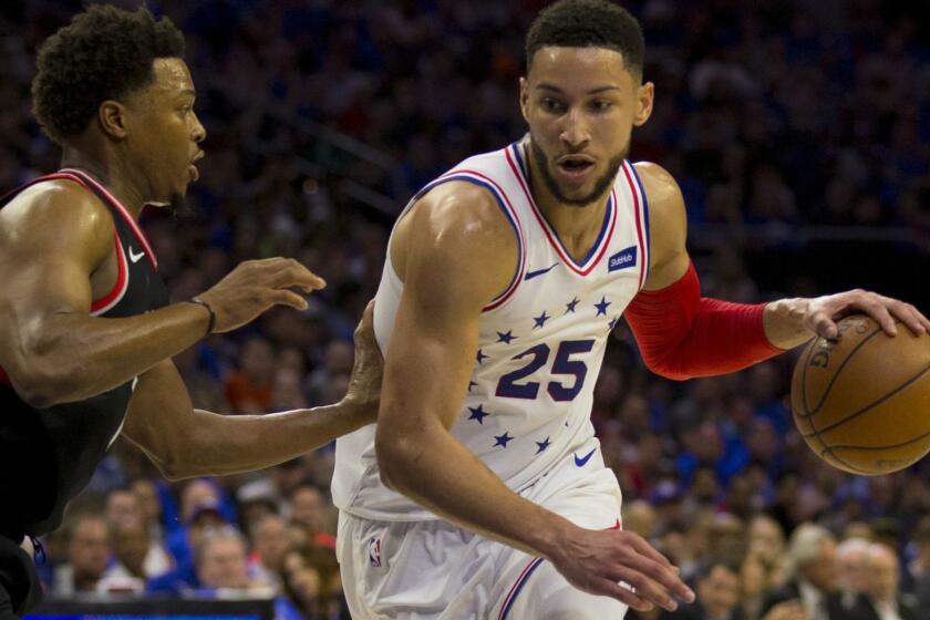 PHILADELPHIA, PA - MAY 02: Ben Simmons #25 of the Philadelphia 76ers drives to the basket against Kyle Lowry #7 of the Toronto Raptors in the second quarter of Game Three of the Eastern Conference Semifinals at the Wells Fargo Center on May 2, 2019 in Philadelphia, Pennsylvania. NOTE TO USER: User expressly acknowledges and agrees that, by downloading and or using this photograph, User is consenting to the terms and conditions of the Getty Images License Agreement. (Photo by Mitchell Leff/Getty Images) ** OUTS - ELSENT, FPG, CM - OUTS * NM, PH, VA if sourced by CT, LA or MoD **