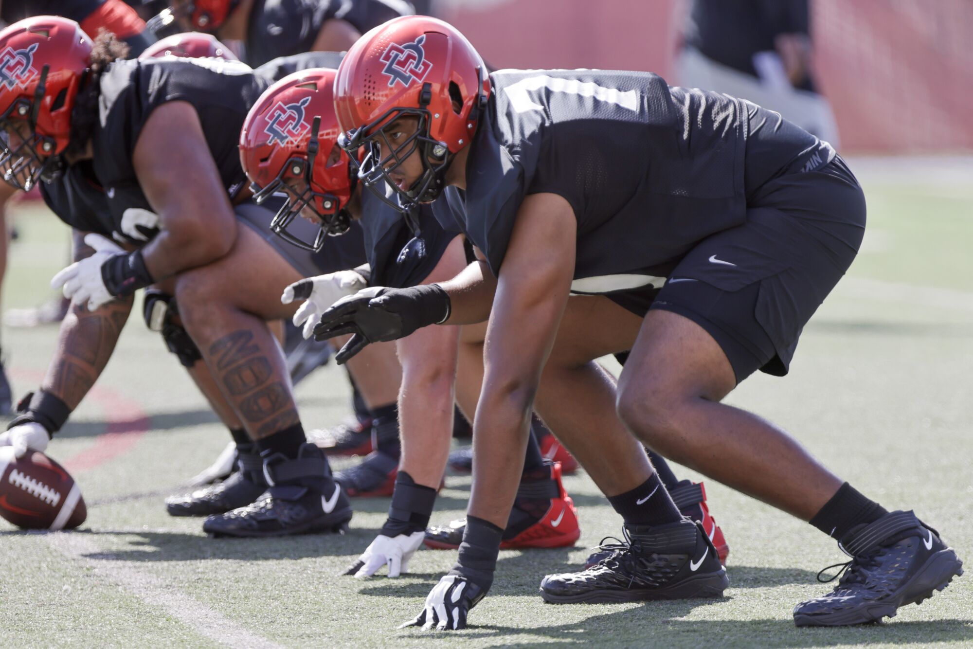 Christian Jones lines up with the Aztecs during a practice last month.