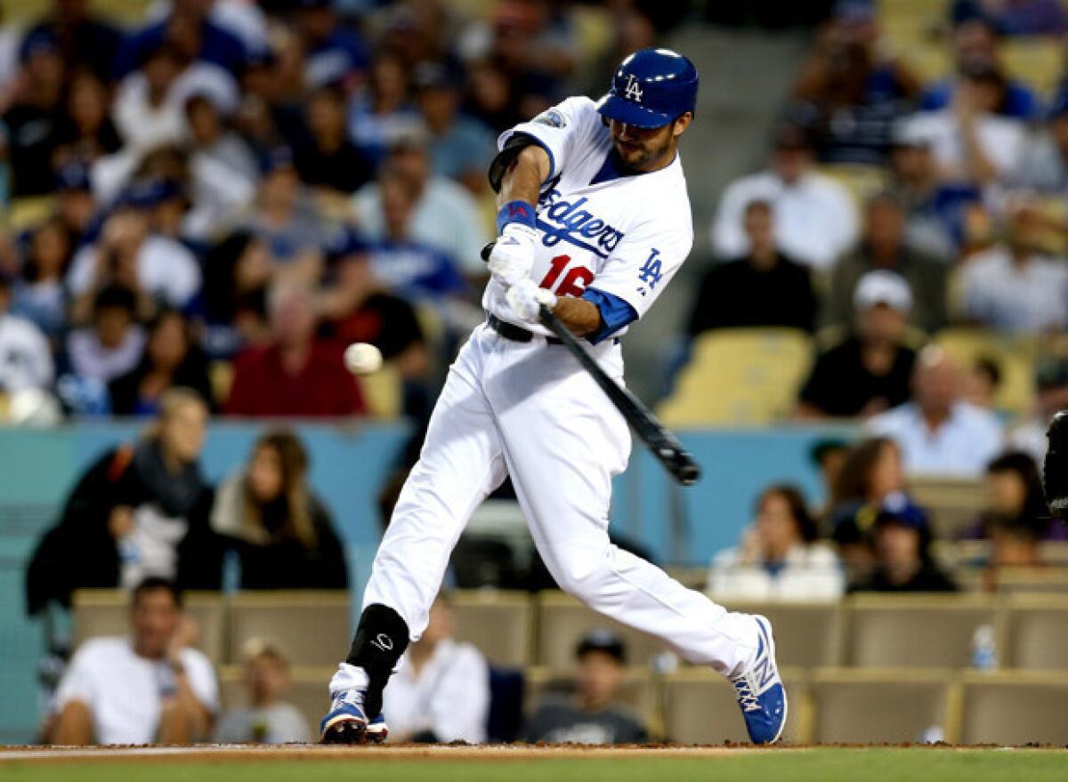 Andre Ethier hits a three-run home run in the first inning against the Miami Marlins.