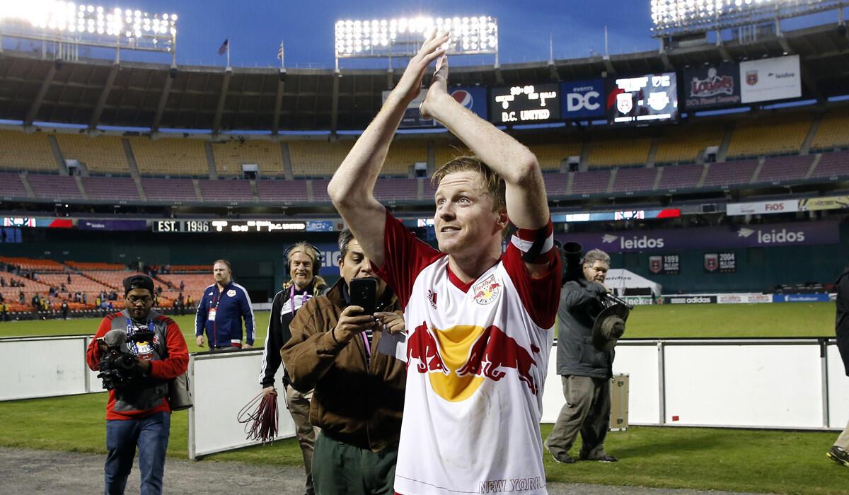 New York Red Bulls midfielder Dax McCarty reacts towards the fans after a match against the D.C. United on Sunday.