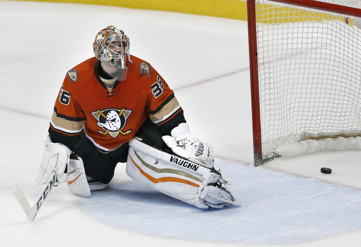 Ducks goalie John Gibson reacts after giving up the game-winning goal by Washington Capitals forward Nicklas Backstrom during a shootout at Honda Center on March 7.
