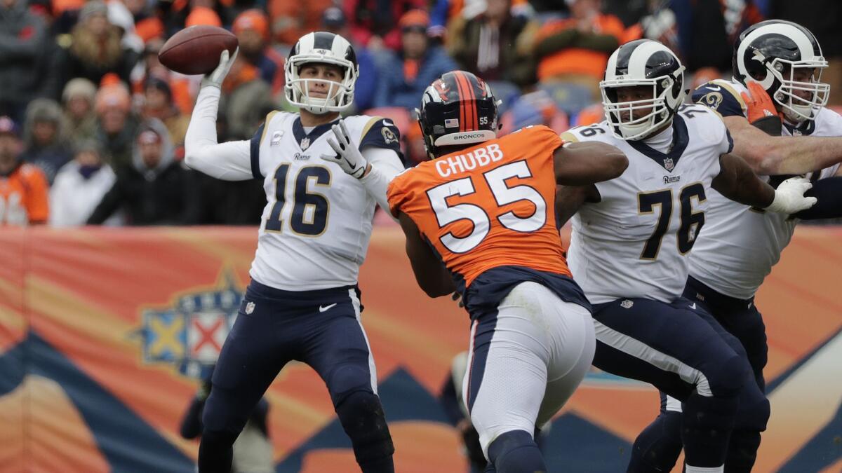 Quarterback Jared Goff and the Rams are coming off a 23-20 win at Denver that ran their record to 6-0.