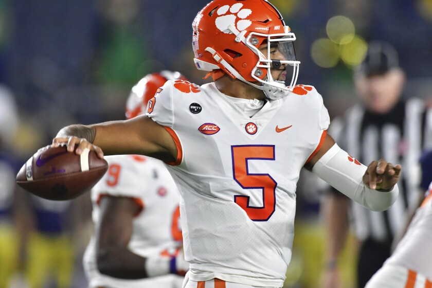 Clemson quarterback D.J. Uiagalelei looks for a receiver against Notre Dame on Nov. 7, 2020.