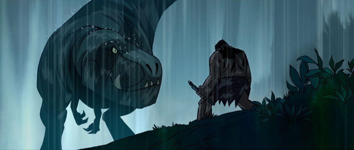 A dinosaur facing a caveman in 'Primal'
