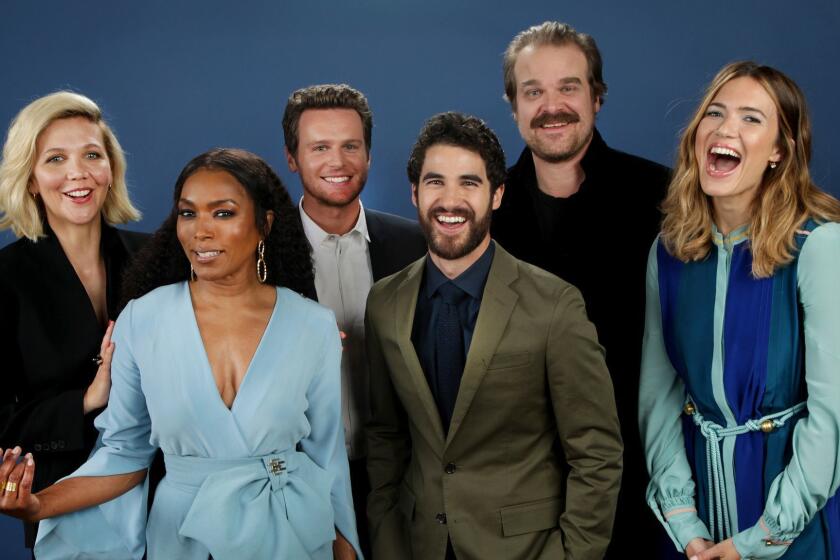 LOS ANGELES, CA., April 7, 2018--The Envelope's annual Emmy Roundtable invites TV Drama actors to talk about the industry and their shows. Drama Roundtable Maggie Gyllenhaal (The Deuce), Angela Bassett (9-1-1), Jonathan Groff (Manhunter), Darren Criss (Assassination of Gianni Versace), David Harbour (Stranger Things) and Mandy Moore (This Is Us). (Kirk McKoy / Los Angeles Times)