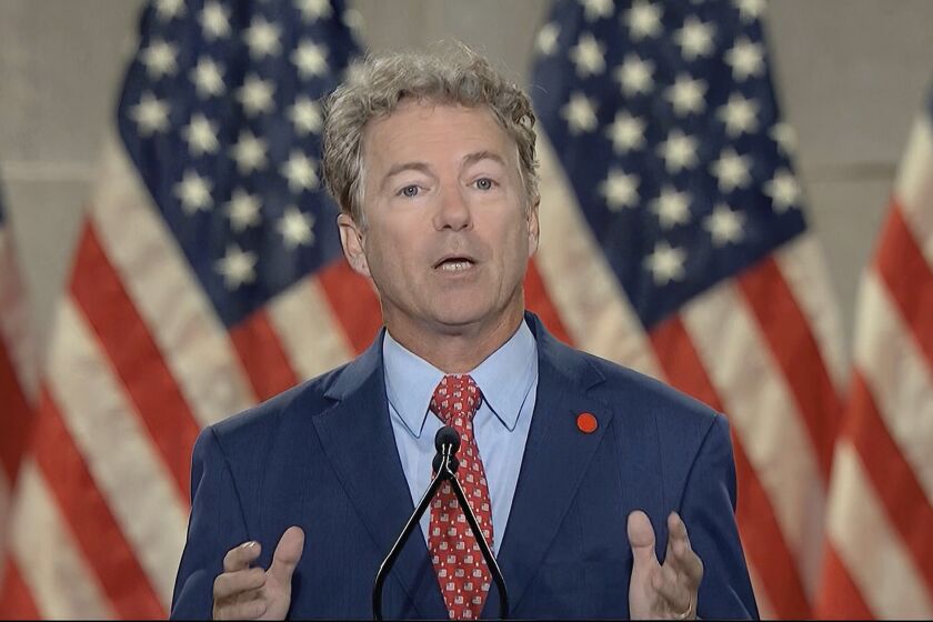In this image from video, Sen. Rand Paul, R-Ky., speaks from Washington, during the second night of the RNC.