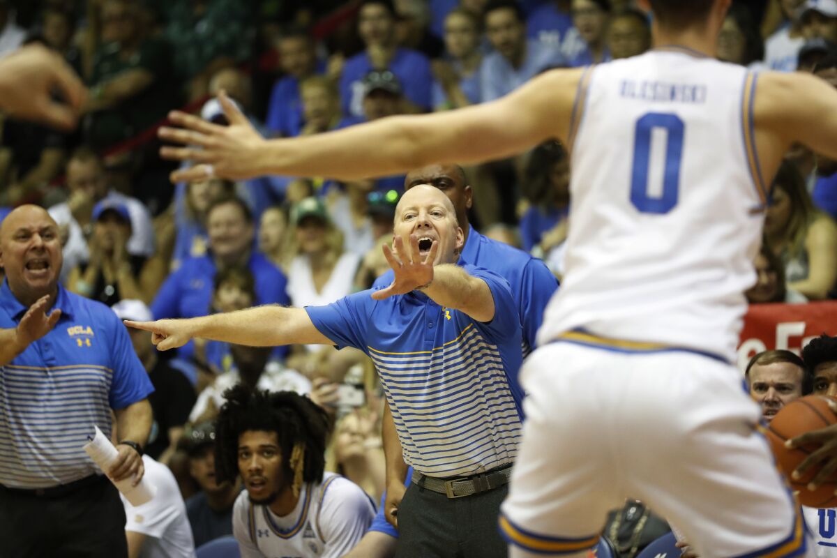 UCLA coach Mick Cronin shouts at his team during a game against Michigan State on Nov. 27, 2019, in Lahaina, Hawaii. 