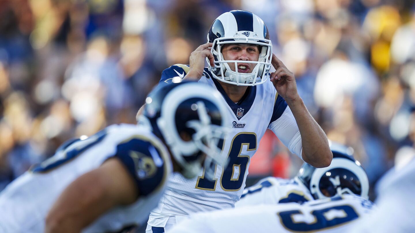 Rams quarterback Jerad Goff calls out a play during a preseason game agains the Cowboys at the Coliseum.