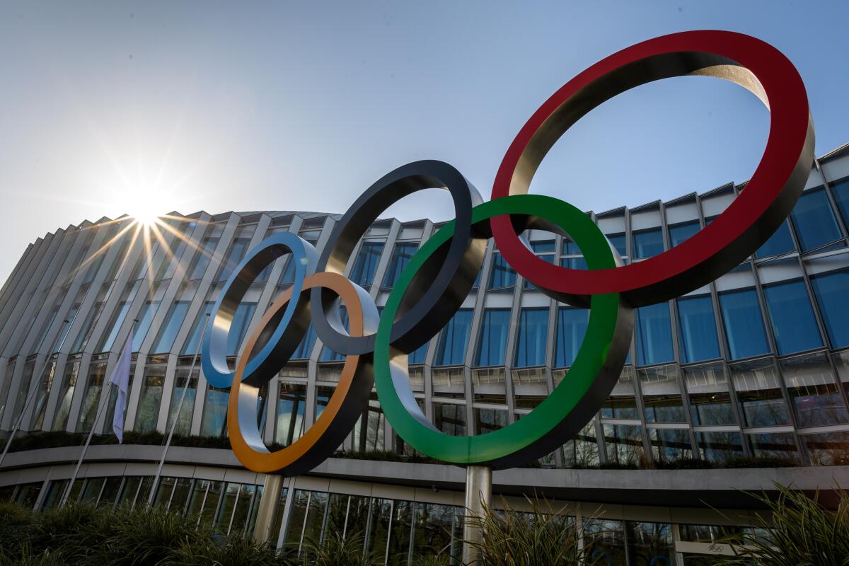 The Olympic rings outside the International Olympic Committee headquarters in Lausanne, Switzerland.