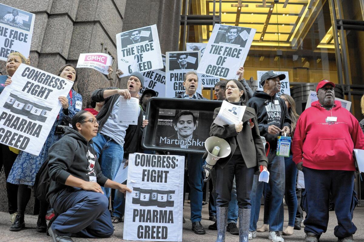 Activists protest outside the New York offices of Turing Pharmaceuticals, which planned to raise the price of Daraprim to $750 a tablet from $13.50.