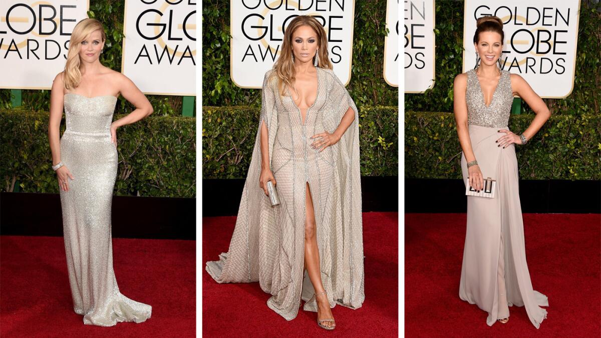 From left, Reese Witherspoon, Jennifer Lopez, Kate Beckinsale, as well as other stars, shone in silver on the red carpet at the 2015 Golden Globes.