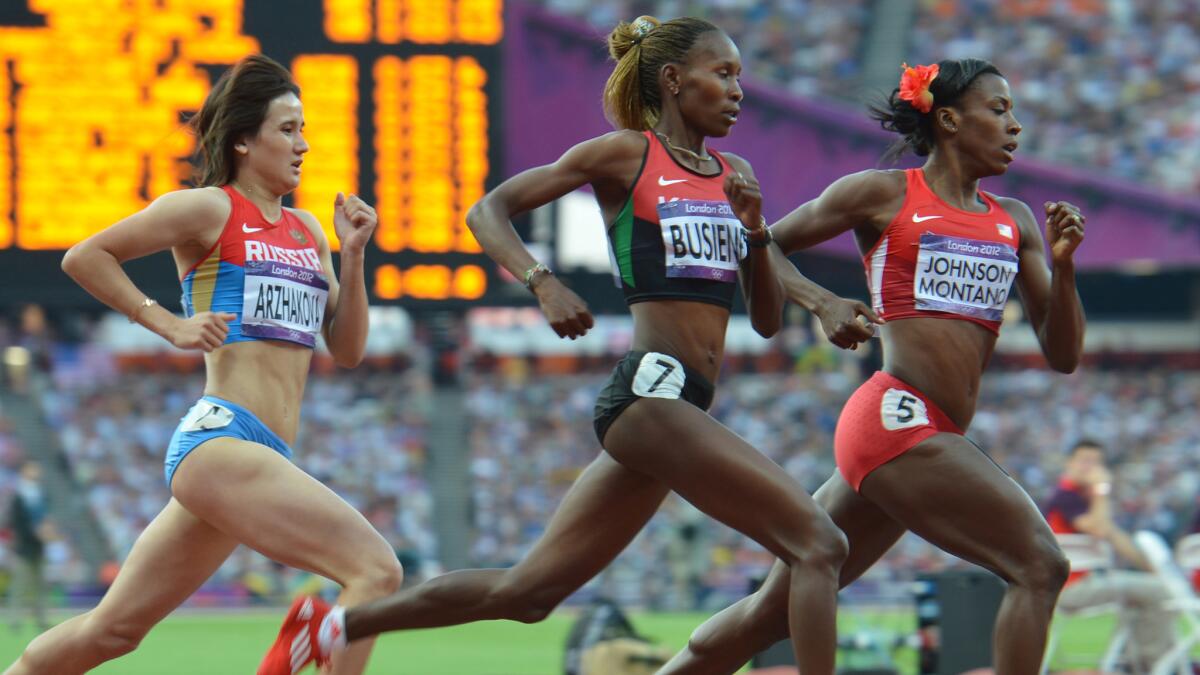 Alysia Johnson Montano leads Janeth Busienei and Elena Arzhakova during an 800-meter semifinal at the London Olympic Games on Aug., 2012.