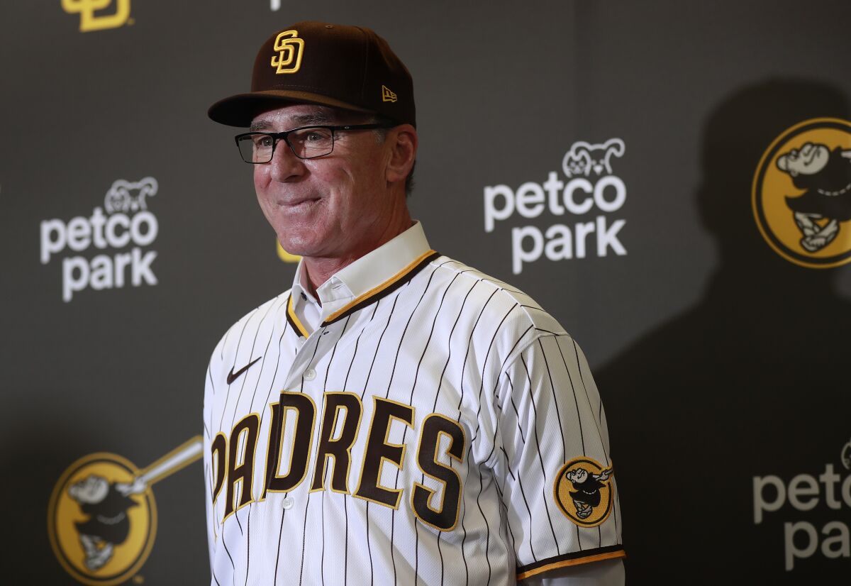 Bob Melvin as introduced as the Padres manager at Petco Park on Monday, Nov. 1.