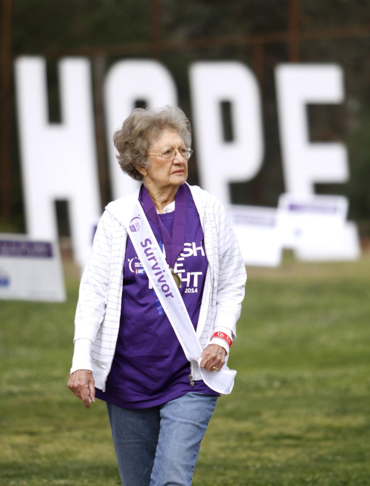Cancer survivor Jan Stanton, 87 of La Cañada Flintridge and a 17-yr. breast cancer survivor, participates in the 14th annual Foothills Relay for Life at Clark Magnet High School in La Crescenta on Saturday, April 12, 2014.