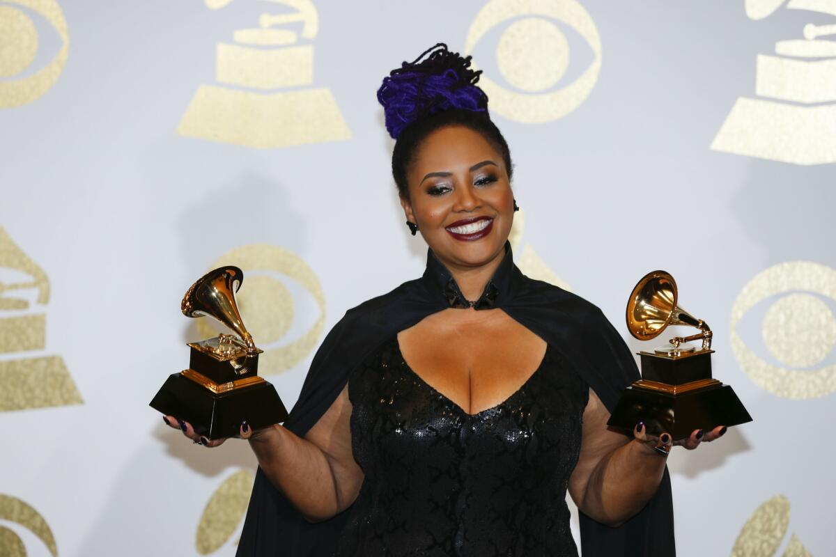 Lalah Hathaway holds her Grammys for traditional R&B performance and R&B album.She's seen backstage at the 59th Grammy Awards at Staples Center on Sunday.