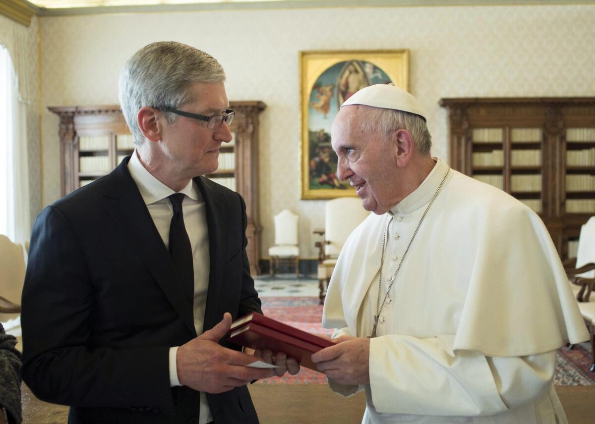 Seeking divine guidance? Apple CEO Tim Cook met with Pope Francis in the Vatican last week.