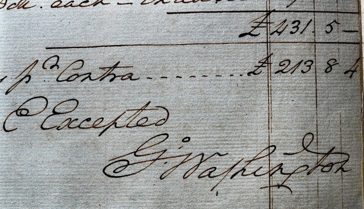 George Washington's signature on a detail from an expense account: "The United States in Account with G. Washington."