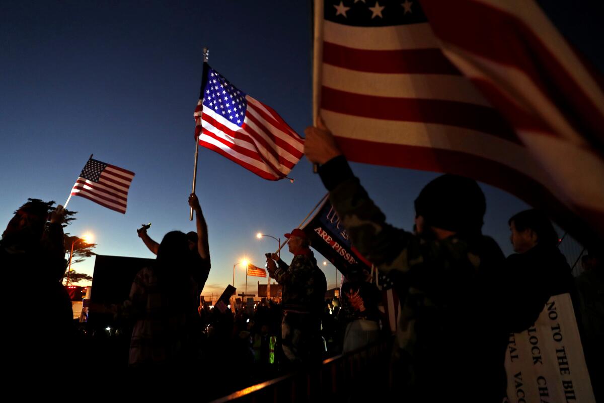A crowd seen in the shadows holds up flags at a protest