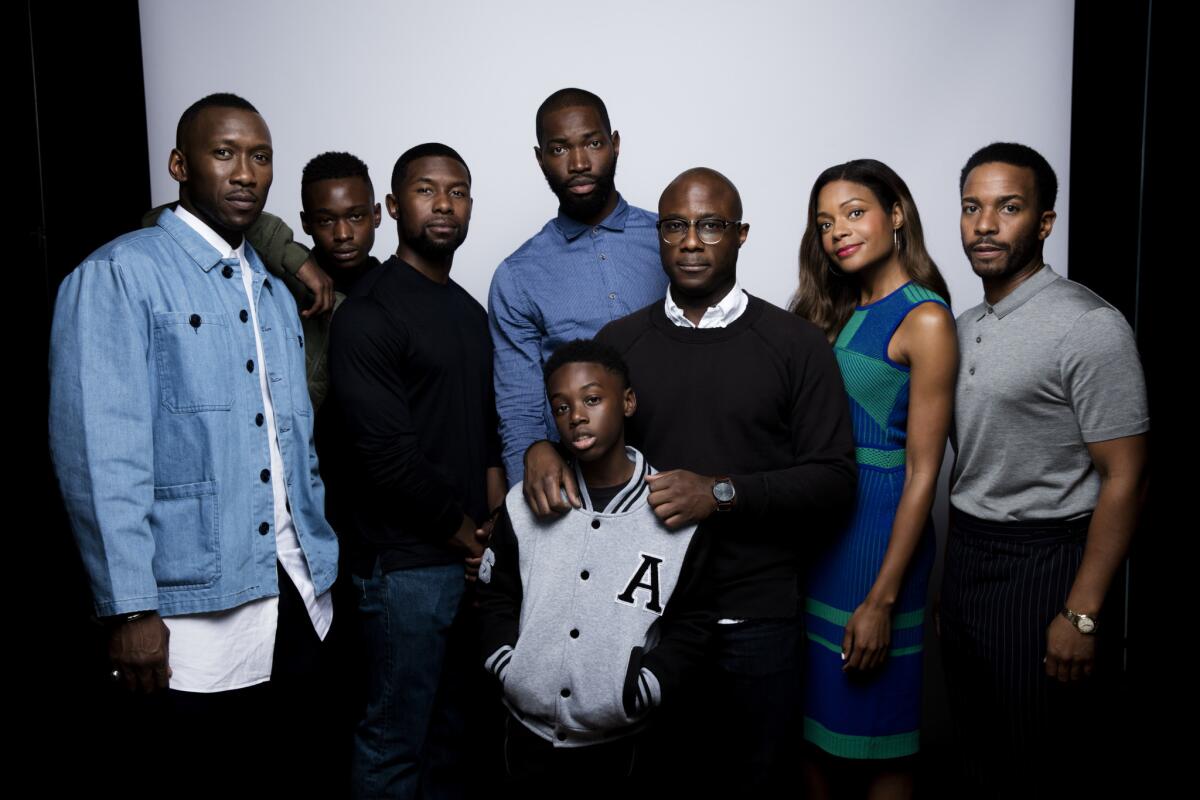 The "Moonlight" team in Toronto: From left, actor Mahershala Ali, actor Ashton Sanders, actor Trevante Rhodes, actor Alex R. Hibbert, writer Tarell Alvin McCraney, director Barry Jenkins, actress Naomi Harris, and actor Andre Holland.